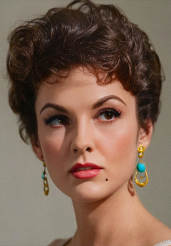 Giovane donna con capelli castani corti e ricci, un evidente neo vicino al labbro superiore, indossa orecchini pendenti turchesi e oro e rossetto rosso; guarda leggermente verso sinistra con espressione composta e riflessiva; veste una maglia chiara in uno studio fotografico con sfondo neutro; nessun testo visibile nell'immagine