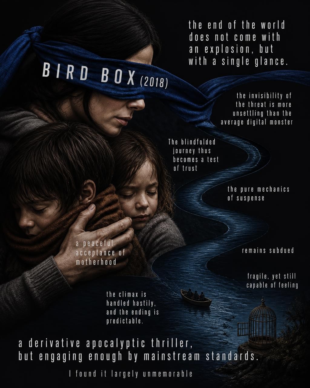 A concise, visual summary of a movie. In a nutshell, my review is a visual summary of the film Bird box