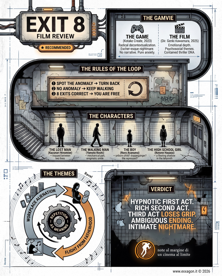 A concise, visual summary of a movie. In a nutshell, my review is a visual summary of the film Exit 8