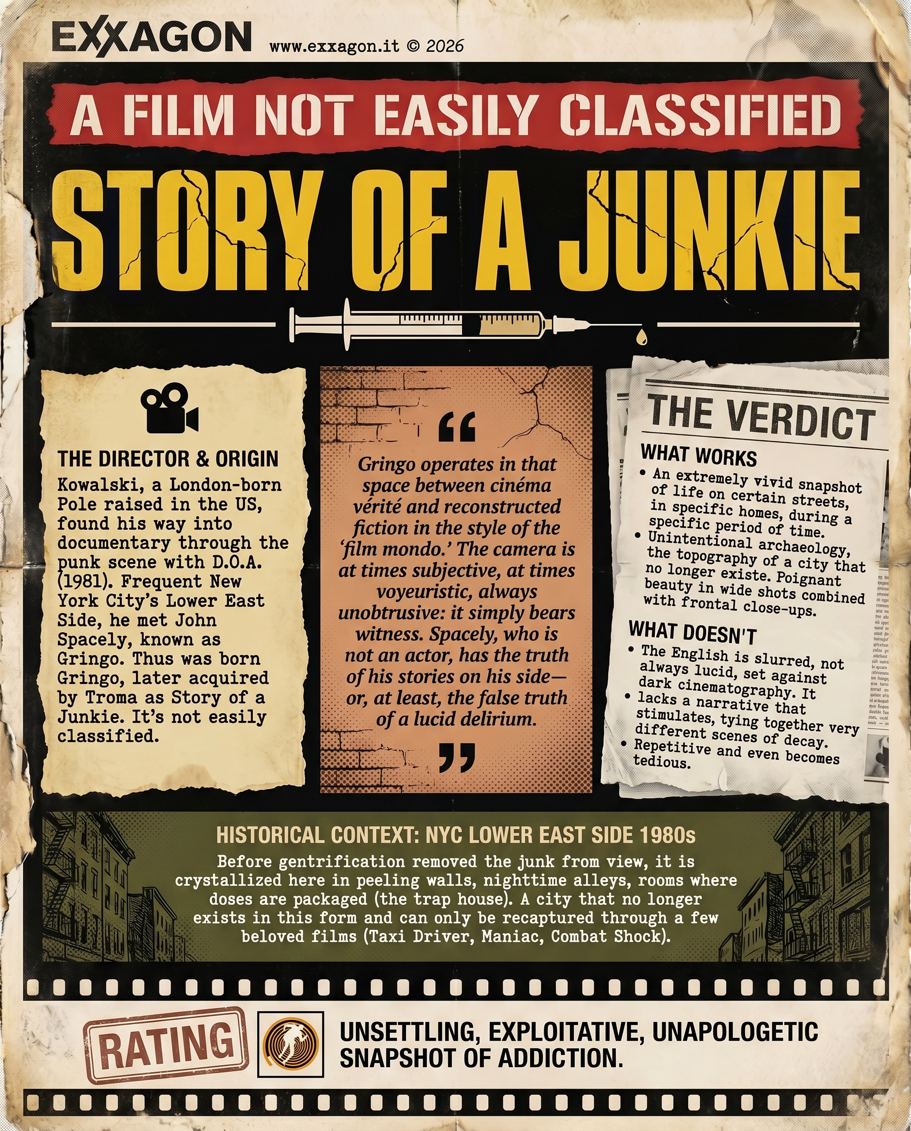 A concise, visual summary of a movie. In a nutshell, my review is a visual summary of the film Gringo - Story of a Junkie
