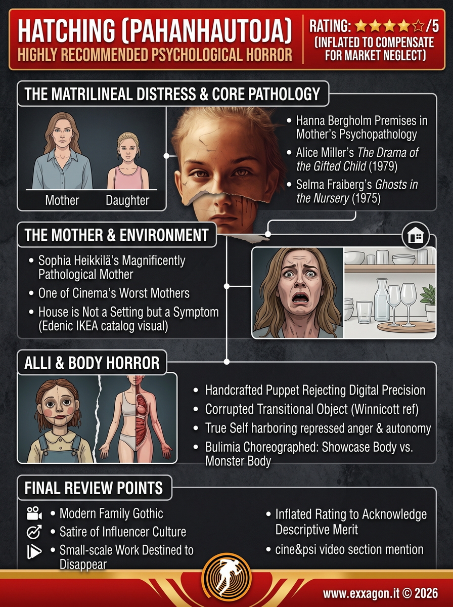 A concise, visual summary of a movie. In a nutshell, my review is a visual summary of the film Hatching - la forma del male