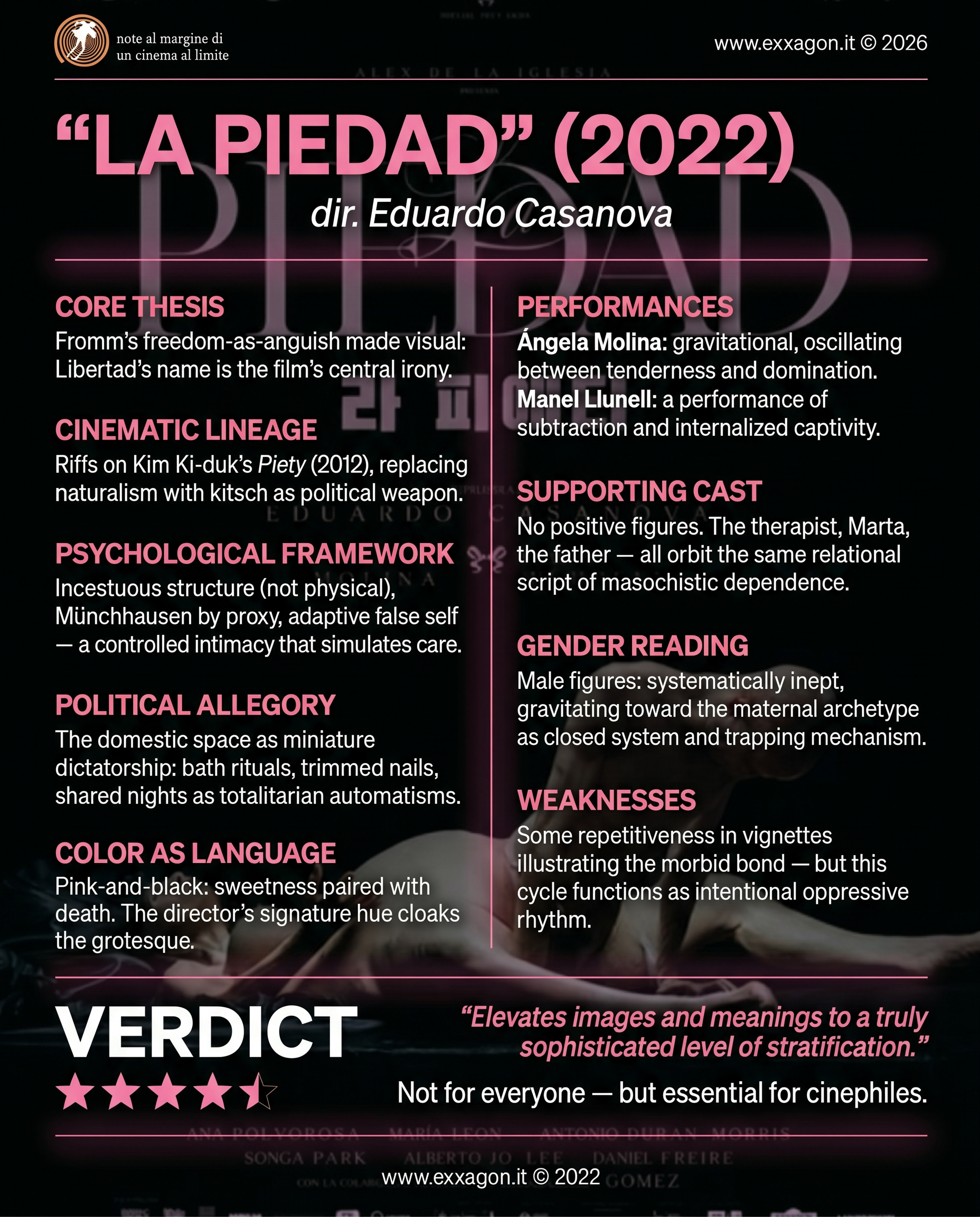 A concise, visual summary of a movie. In a nutshell, my review is a visual summary of the film La Piedad