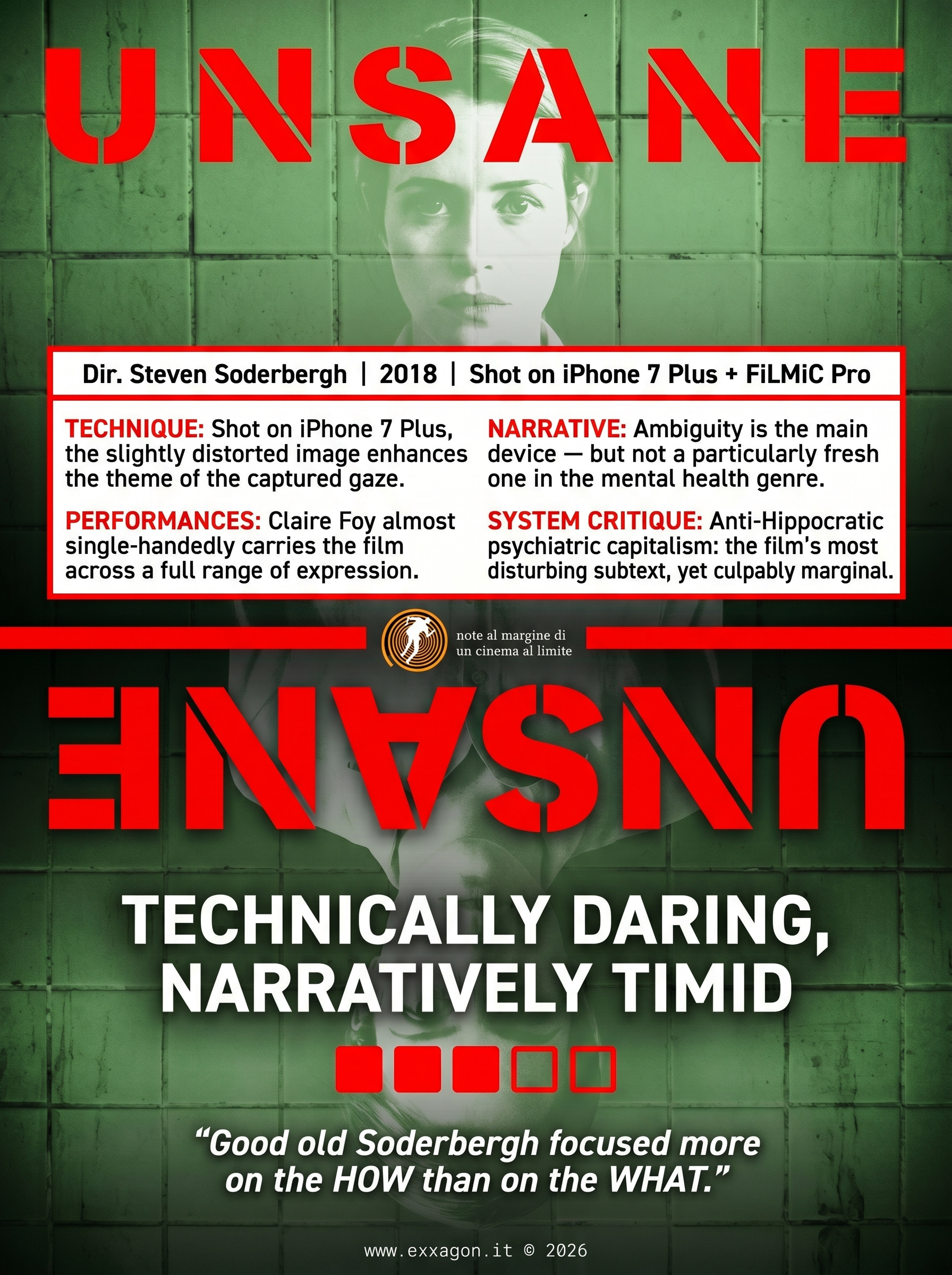 A concise, visual summary of a movie. In a nutshell, my review is a visual summary of the film Unsane