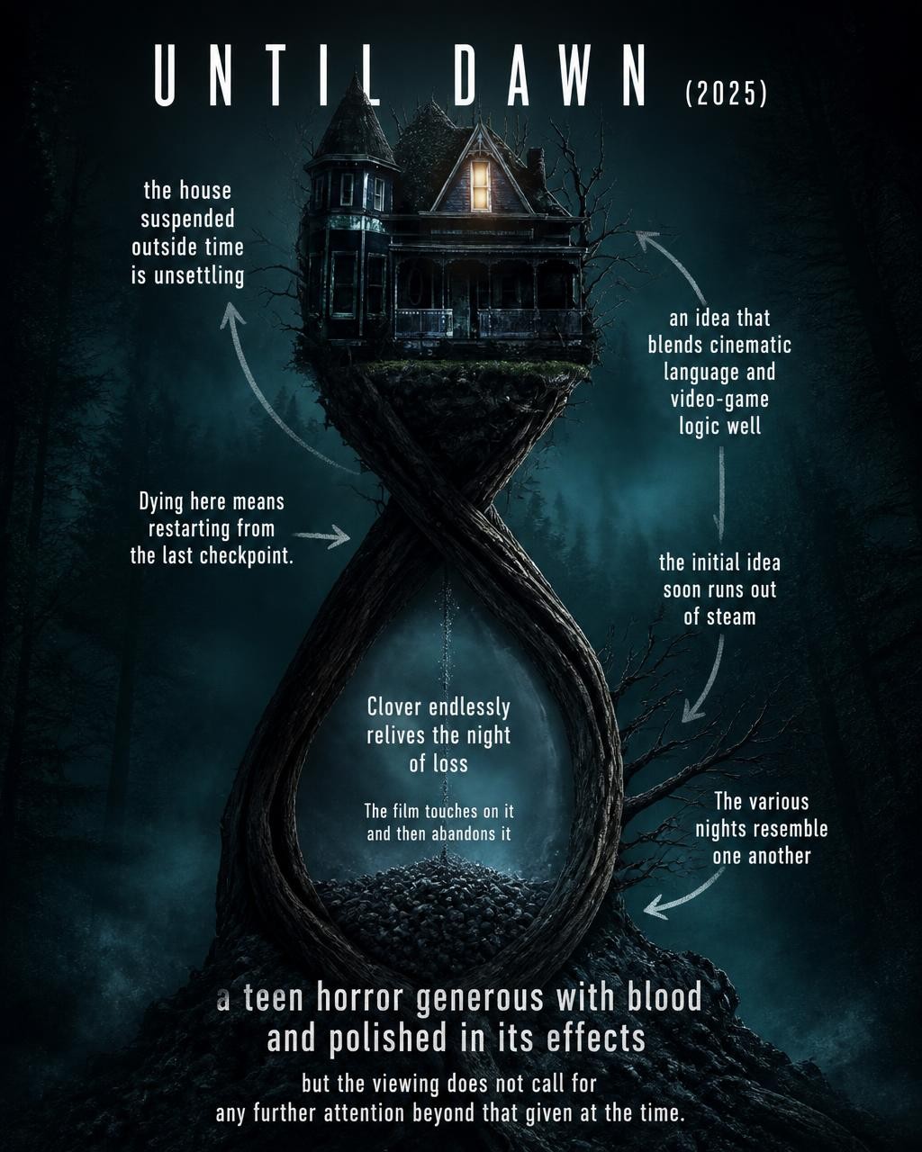 A concise, visual summary of a movie. In a nutshell, my review is a visual summary of the film Until Dawn