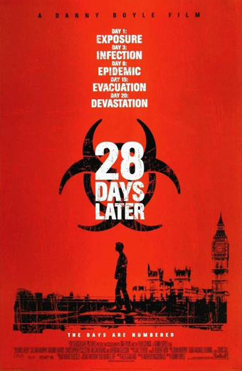 Locandina del film 28 giorni dopo. Un grande simbolo nero di rischio biologico domina uno sfondo rosso. Una figura solitaria si trova davanti allo skyline di Londra, inclusi il Big Ben e altri edifici, trasmettendo un senso di isolamento e tensione. In alto, testo bianco elenca: Giorno 1 Esposizione, Giorno 3 Infezione, Giorno 8 Epidemia, Giorno 15 Evacuazione, Giorno 20 Devastazione. Il titolo 28 giorni dopo è al centro in caratteri bianchi marcati. Il tono dell'immagine è cupo e urgente.