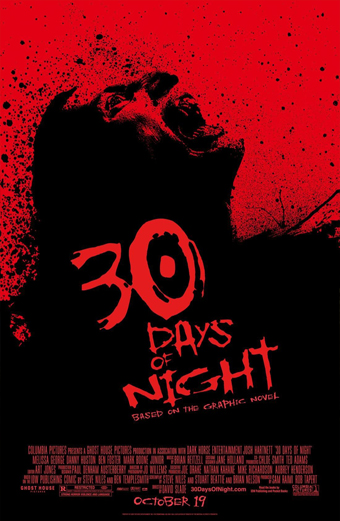 Persona disperata urla con il volto e la bocca spalancati, circondata da schizzi di sangue su uno sfondo rosso e nero. L'atmosfera è intensa e spaventosa. In grande, testo stilizzato: 30 Days of Night. In basso, testo più piccolo: Basato sulla graphic novel. Altri crediti e la data di uscita 19 ottobre sono riportati in fondo.