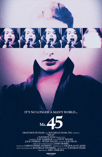Locandina del film l'Angelo della Vendetta con una donna dall'espressione seria che impugna una pistola calibro 45, ambientata in una New York urbana e cupa. Sulla locandina sono presenti il titolo del film e i crediti in italiano. Il tono generale è teso e drammatico, richiama temi di vendetta e turbamento psicologico.
