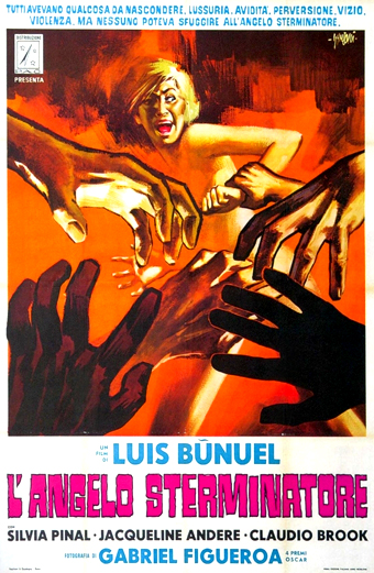 Locandina del film Angelo Sterminatore mostra una donna che viene raggiunta da diverse mani che la vogliono agguantare