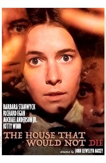 Locandina del film The House That Would Not Die del 1970, diretto da John Llewellyn Moxey. La locandina ha un'atmosfera tesa e misteriosa, con colori scuri e la vista parziale dell'occhio di una donna che guarda dall'ombra. Il testo sul poster include Barbara S, Richard Egan, Michael Anderson Jr, Kitty Winn, The House That Would Not Die, diretto da John Llewellyn Moxey. Il tono generale è pieno di suspense e inquietante, che fa pensare a un film horror.