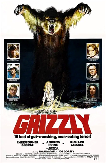 Un orso enorme si alza in piedi sulle due zampe, la locandina del film Grizzly l'orso che uccide