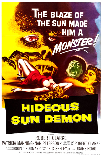 Locandina del film Hideous Sun Demon. La locandina mostra un uomo che si trasforma in un mostro sotto il sole