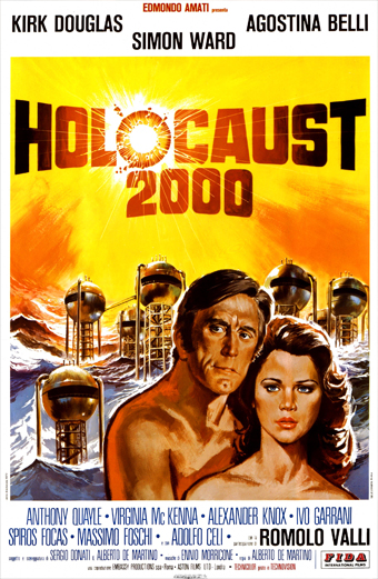 Locandina del film Holocaust 2000 con un uomo e una donna che si abbracciano in primo piano, sullo sfondo un cielo arancione e giallo drammatico con torri e antenne di una centrale nucleare. Sulla locandina sono presenti i seguenti nomi: Kirk Douglas, Simon Ward, Agostina Belli, Holocaust 2000, Anthony Quayle, Virginia McKenna, Alexander Knox, Ivo Garrani, Spiros Focas, Massimo Foschi, Adolfo Celi, Romolo Valli. Il tono generale è teso e apocalittico.