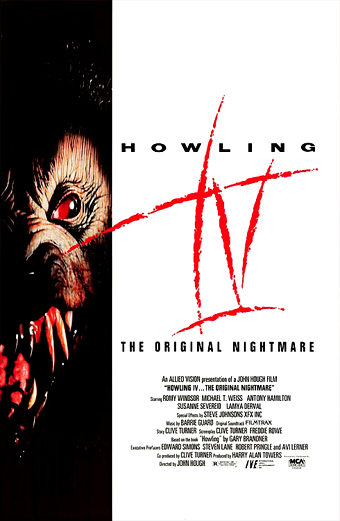 Locandina del film Howling IV The Original Nightmare 1988 con una donna spaventata che urla e una sagoma di lupo in ombra sullo sfondo atmosfera cupa e di suspense testo Howling IV The Original Nightmare visibile sulla locandina