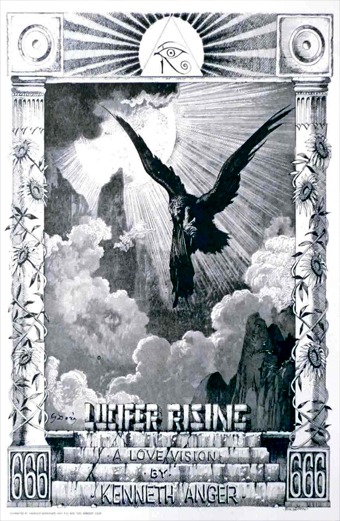 Locandina del film Lucifer Rising con una figura mistica circondata da simboli esoterici. La scena è avvolta in un'atmosfera di mistero e oscurità, con colori intensi e un'illuminazione drammatica.