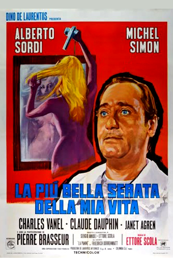 Locandina del film La più bella serata della mia vita del 1972. La locandina mostra una scena dipinta con una donna dai lunghi capelli biondi che posa nuda davanti a una tela, e un uomo con camicia bianca in primo piano. Lo sfondo è rosso vivo, creando un'atmosfera drammatica e intensa. Testi visibili: Alberto Sordi, Michel Simon, La più bella serata della mia vita, Charles Vanel, Claude Dauphin, Janet Agren, Pierre Brasseur, regia di Ettore Scola. Il tono generale è misterioso e teatrale.