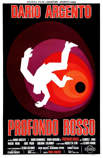 Locandina stilizzata del film Profondo Rosso diretto da Dario Argento. In primo piano una sagoma bianca di una persona che cade, sovrapposta a cerchi concentrici rossi e viola che trasmettono una sensazione di pericolo e tensione psicologica. In alto compare la scritta grande DARIO ARGENTO, in basso PROFONDO ROSSO in caratteri rossi marcati. In fondo sono presenti altri crediti e nomi in caratteri più piccoli. Il tono generale è drammatico e inquietante, in linea con i temi horror e thriller del film.