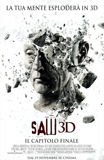 Saw 3D il Capitolo finale 2010 movie poster showing a shattered white mask with fragments flying outward evoking a sense of violence and suspense. 
                    The background is stark and minimal. The text on the poster reads Saw 3D il Capitolo finale