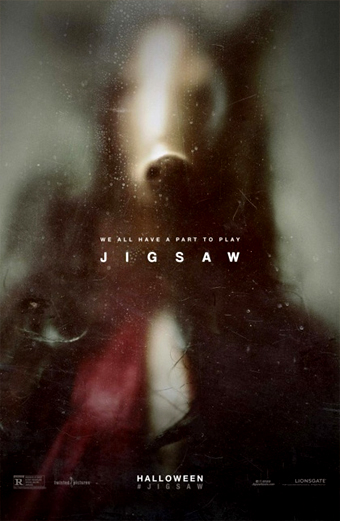 A blurred and eerie figure wearing a pig mask stands behind fogged glass, evoking a sense of fear and suspense. The environment is dark and unsettling. Text in the image reads We all have a part to play Jigsaw and Halloween. The emotional tone is ominous and mysterious, fitting for a horror movie poster.
