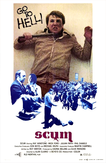 Locandina del film Scum 1979 che mostra una persona con una giacca marrone che tiene in mano una barra di metallo in posa minacciosa contro un muro semplice. 
                    Le parole GO TO HELL appaiono in scritte a mano in alto a sinistra. La parte inferiore del manifesto presenta scene di scontro e di violenza tra uomini in tinta blu, con il titolo del film Scum in grassetto rosso. 
                    Il tono generale è aggressivo e intenso e intenso, che riflette i temi della rabbia e della ribellione.