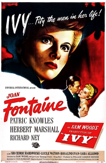 Locandina del film La Sfinge del male con Joan Fontaine e i suoi occhi intensi su uno sfondo rosso e nero che fa un sacco di effetto. C'è scritto LA SFINGE DEL MALE con lo slogan “Pietà per gli uomini della sua vita” e i nomi del cast, tipo Patric Knowles, Herbert Marshall e Richard Ney, diretto da Sam Woods.