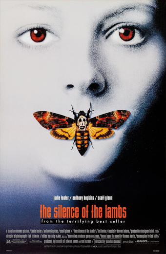 Locandina del film Il silenzio degli innocenti con una grande falena dal disegno simile a un teschio sul dorso, su sfondo sfumato. L'atmosfera è inquietante e carica di suspense. In basso si legge: the silence of the lambs from the terrifying best seller. I nomi degli attori Jodie Foster, Anthony Hopkins, Scott Glenn sono riportati sopra il titolo. Altri crediti e dettagli del film sono in caratteri piccoli in fondo.
