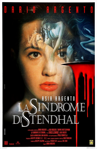Locandina italiana del film La Sindrome di Stendhal diretto da Dario Argento con illustrazione surreale e cupa, colature di vernice rossa e il titolo La Sindrome di Stendhal in grandi lettere bianche. Nella parte superiore compare il nome del regista Dario Argento in rosso. Il tono generale è intenso e inquietante, evocando un'atmosfera da thriller psicologico.