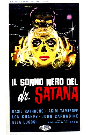 Locandina horror italiana vintage con in primo piano un grande volto femminile gialloverde dallaspetto scheletrico e labbra rosso vivo; sopra, volto maschile in ombra con mani che incorniciano il teschio; sfondo nero profondo con una piccola stella luminosa; titolo sulla locandina IL SONNO NERO DEL DR. SATANA e crediti di produzione in basso; tono complessivo sinistro e sensazionalistico