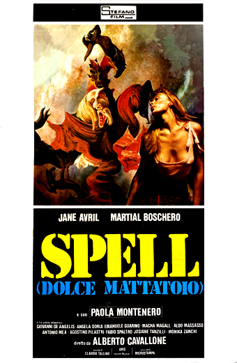 Locandina del film Spell (Dolce Mattatoio) 1977 con un primo piano del volto intenso di una donna dai tratti alieni, su uno sfondo scuro e minaccioso con toni rossi e neri. L'immagine trasmette suspense e orrore. In alto compare in modo evidente la scritta Spell (Dolce Mattatoio).