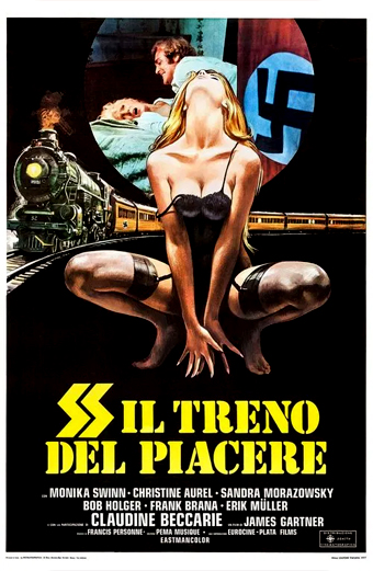 Locandina del film SS Il Treno del Piacere con una donna in lingerie nera inginocchiata in posa provocante davanti a un treno e a un grande simbolo della svastica nazista. Lo sfondo è scuro e drammatico, trasmette un'atmosfera tesa e di sfruttamento. Sulla locandina sono presenti i seguenti nomi: SS IL TRENO DEL PIACERE, Monika Swinn, Christine Aurel, Sandra Morazowsky, Bob Holger, Frank Barna, Erik Müller, Claudine Beccarie, James Gartner. Il tono generale è sensazionalistico e audace.
