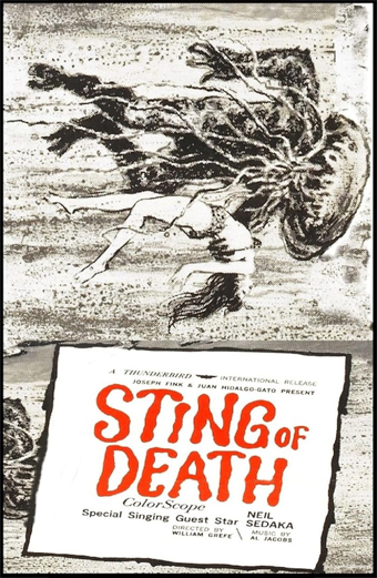 Locandina del film Sting of Death 1966 con una persona attaccata da una creatura simile a una gigantesca medusa in un ambiente caotico e tratteggiato in bianco e nero. La scena trasmette orrore e panico. In grande testo rosso: STING OF DEATH. Altri testi: A Thunderbird International Release Joseph Fink and Juan Hidalgo-Gato present STING OF DEATH ColorScope Special Singing Guest Star Neil Sedaka. William Grefe Al Jacobs.