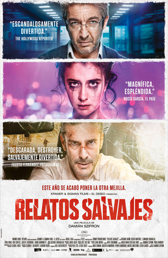 Locandina del film Relatos Salvajes composta da tre pannelli orizzontali con sfondi di colori diversi e viste parziali di persone. Sono presenti frasi di critica come Scandalosamente divertita, Magnifica splendida e Descarada destroyer salvajemente divertida. Il titolo Relatos Salvajes è in caratteri rossi in basso con il sottotitolo Este año se acabó poner la otra mejilla. Il tono generale è intenso e drammatico.