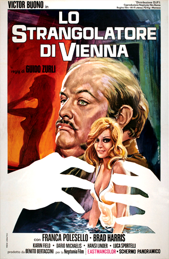 Locandina illustrata drammatica del film horror italo-tedesco del 1970 Lo Strangolatore di Vienna. La locandina mostra due grandi mani bianche che si protendono verso una donna bionda, su uno sfondo scuro e intenso. L'atmosfera è tesa e inquietante. In alto si legge il testo: Victor Buono in Lo Strangolatore di Vienna. In basso sono presenti altri crediti e nomi del cast, tra cui Franca Polesello e Brad Harris. Il tono generale è cupo e minaccioso, tipico dei classici horror.