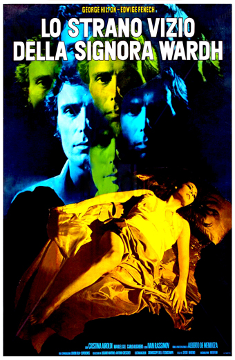 Manifesto cinematografico italiano di Lo Strano Vizio della Signora Wardh 1971 con un collage drammatico di volti in toni blu e gialli e una donna in abito giallo distesa in posizione di disagio. Lo sfondo è scuro e cupo, trasmette suspense e tensione. In alto si legge la scritta LO STRANO VIZIO DELLA SIGNORA WARDH in caratteri grandi bianchi e blu. L'atmosfera generale è misteriosa e intensa.