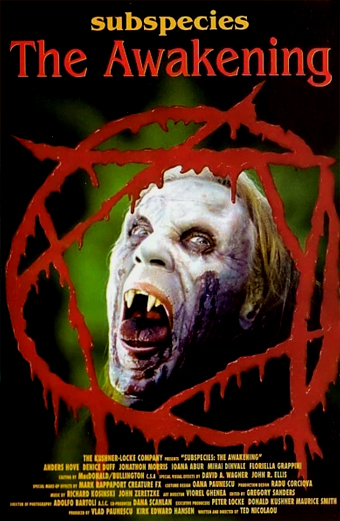 Locandina del film Subspecies The Awakening. Lo sfondo è nero con un grande simbolo rosso simile a un pentagramma. Il titolo subspecies The Awakening appare in alto con testo giallo e rosso. In basso sono presenti i crediti in caratteri piccoli gialli. Il tono generale è cupo e minaccioso, tipico di un film horror.