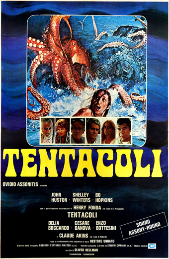 Locandina del film horror Tentacoli (1977) diretto da Ovidio Assonitis, che mostra un mostro marino che attacca