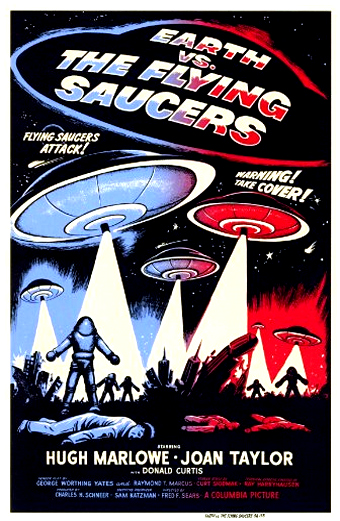 la locandina del film la Terra contro i dischi volanti del 1956, si vendono una serie di dischi volanti realizzati in stile fumettistico che scaricano raggi laser sulla terra, mentre un alieno eretto è circondato da cadaveri