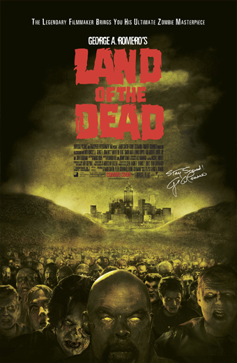la Terra dei morti viventi (2005) di George Romero - La locandina mostra un'atmosfera cupa e post-apocalittica, tipica dei film di Romero, con uno zombie in primo piano e sullo sfondo quello che sembra essere un paesaggio urbano desolato.