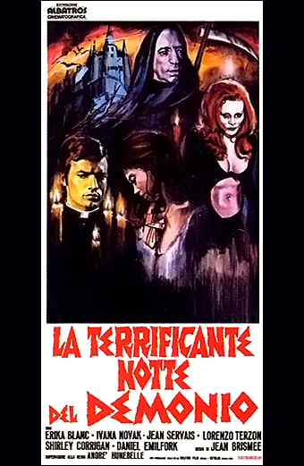 la Terrificante notte del demonio (1971) di Jean Brismée - La locandina mostra elementi tipici del genere horror, con una figura demoniaca o mostruosa e un'atmosfera oscura e minacciosa. Il design grafico e lo stile sono caratteristici dei poster dei film horror degli anni '70, con colori vividi e un'estetica che punta a enfatizzare gli elementi sovrannaturali e spaventosi del film.