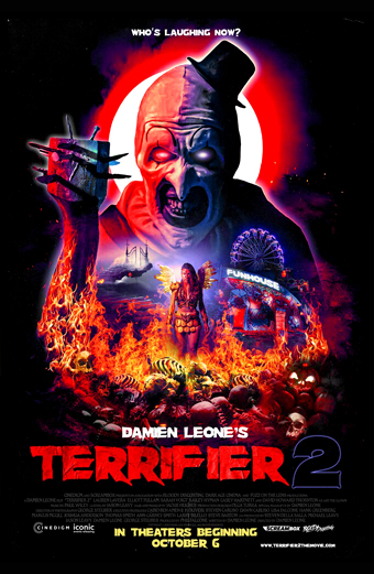 Locandina del film Terrifier 2 con un clown inquietante