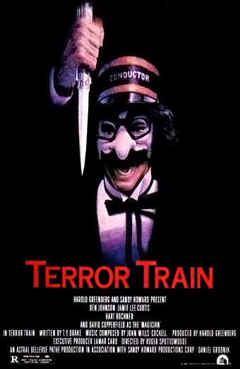 Terror train (1980) di Roger Spottiswoode - Il design della locandina riflette gli elementi chiave del film: il treno, l'ambientazione notturna e l'elemento horror, suggerito dal titolo in caratteri rossi e dall'atmosfera cupa generale. È un esempio tipico dello stile delle locandine dei film horror di quel periodo, che puntavano a creare un immediato senso di tensione e pericolo.
