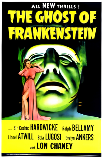 il Terrore di Frankenstein (1942) di Erle C. Kenton - La locandina mostra un'atmosfera tetra e gotica tipica dei film horror dell'epoca, con quello che appare essere il mostro di Frankenstein come figura centrale.