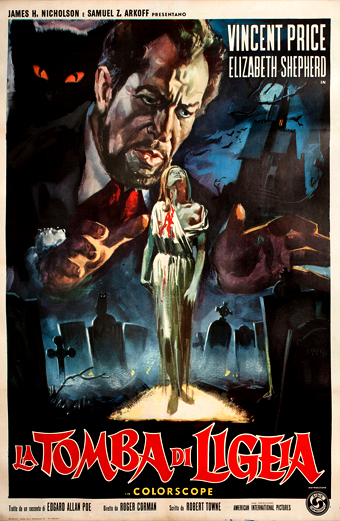 Manifesto cinematografico italiano de La Tomba di Ligeia con una scena horror gotica: un grande gatto nero dagli occhi luminosi, una donna spettrale in abito bianco con un segno rosso sul petto in un cimitero, mani oscure che si protendono e un castello sullo sfondo. L'atmosfera è inquietante e carica di suspense. Testo visibile: La Tomba di Ligeia, Vincent Price, Elizabeth Shepherd, Colorscope, e crediti per James H. Nicholson, Samuel Z. Arkoff, Roger Corman, Edgar Allan Poe e Robert Towne.