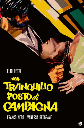 Locandina stilizzata del film un Tranquillo posto di campagna che mostra una scena tesa in cui un uomo con la barba afferra una donna al collo con una corda, entrambi con espressioni angosciate. Sullo sfondo ci sono forme astratte dai colori vivaci. Il tono è drammatico e intenso. Testo sulla locandina: ELIO PETRI un TRANQUILLO POSTO di CAMPAGNA FRANCO NERO VANESSA REDGRAVE.
