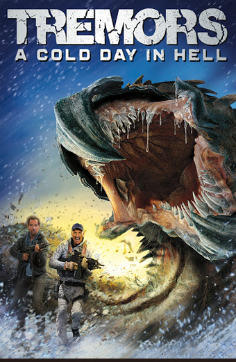 Locandina del film Tremors A Cold Day in Hell con un enorme mostro ricoperto di ghiaccio a bocca spalancata che si lancia verso due persone armate che corrono sulla neve, atmosfera intensa e carica di suspense. In alto compare la scritta Tremors A Cold Day in Hell su uno sfondo blu tempestoso.