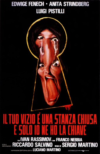 Movie poster for Il tuo vizio è una stanza chiusa e solo io ne ho la chiave. The poster shows a terrified person screaming, viewed through a large keyhole shape, with a dark and suspenseful atmosphere. The names Edwige Fenech, Anita Strindberg, Luigi Pistilli, Ivan Rassimov, Franco Nebbia, Riccardo Salvino, and Sergio Martino are listed at the top. The title Il tuo vizio è una stanza chiusa e solo io ne ho la chiave is in bold red letters at the bottom, followed by additional credits. The overall tone is intense and dramatic, evoking fear and mystery.