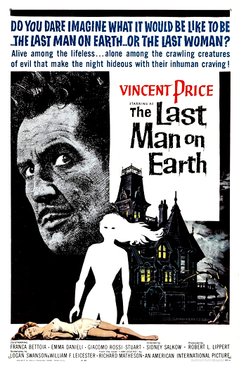 Locandina del film L ultimo uomo della Terra 1963 con una cupa illustrazione di un uomo in piedi davanti a una casa gotica di notte con finestre illuminate e luna piena. L atmosfera è inquietante e sospesa. In alto si legge: Osi immaginare cosa significherebbe essere l ultimo uomo sulla Terra o l ultima donna? Vivo tra i senza vita... solo tra le creature striscianti del male che rendono la notte orribile con la loro brama disumana. Il titolo e i crediti includono Vincent Price protagonista di L ultimo uomo della Terra. In basso sono presenti altri crediti di cast e produzione.