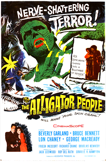 Locandina del film The Alligator People con una grande creatura dalla testa di alligatore verde, bocca rossa e artigli che si protende verso una donna e un uomo spaventati in una palude notturna. Sullo sfondo ci sono palme, un'esplosione gialla e una figura nell'ombra che tiene una donna. Testi evidenti: Nerve-Shattering Terror, Her honeymoon turned into a nightmare of horrors, The Alligator People will make your skin crawl. In basso sono elencati i nomi di cast e produzione. Il tono generale è di suspense e drammaticità.
