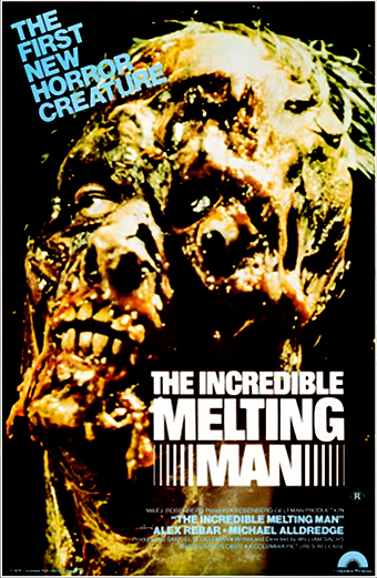 Volto umano grottesco e parzialmente fuso con denti e ossa esposti, su sfondo scuro. L'atmosfera è inquietante e orrorifica. Testo visibile: THE FIRST NEW HORROR CREATURE. THE INCREDIBLE MELTING MAN. In basso sono presenti cast e crediti. Si tratta di una locandina vintage di un film horror.