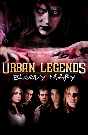 Locandina del film Urban Legends Bloody Mary con mani tese e sofferenti che emergono da una superficie macchiata di sangue, il titolo Urban Legends Bloody Mary in caratteri grandi bianchi e arancioni. Nella parte inferiore si vede un gruppo di giovani in piedi insieme in un ambiente oscuro e teso. Il tono generale è inquietante e carico di suspense.