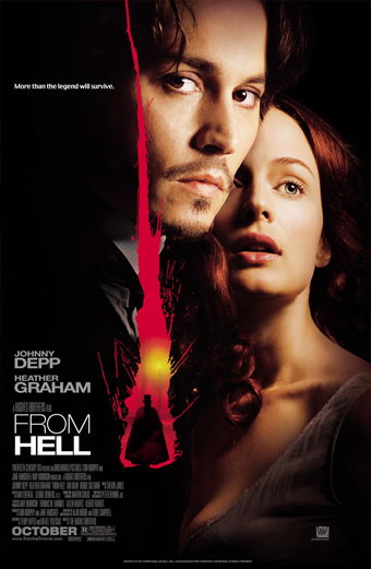 Locandina del film From Hell con una silhouette rossa di coltello su sfondo scuro, un uomo con cappotto nero e una donna con abito scollato. L atmosfera è tesa e misteriosa. Testi visibili: Johnny Depp, Heather Graham, From Hell, More than the legend will survive, October.